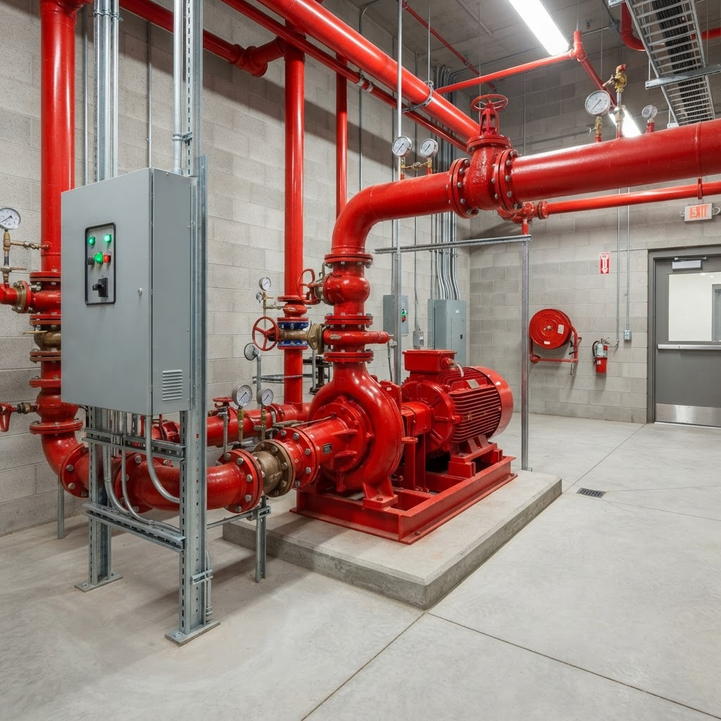 Red industrial fire pump and controller in a commercial fire pump room