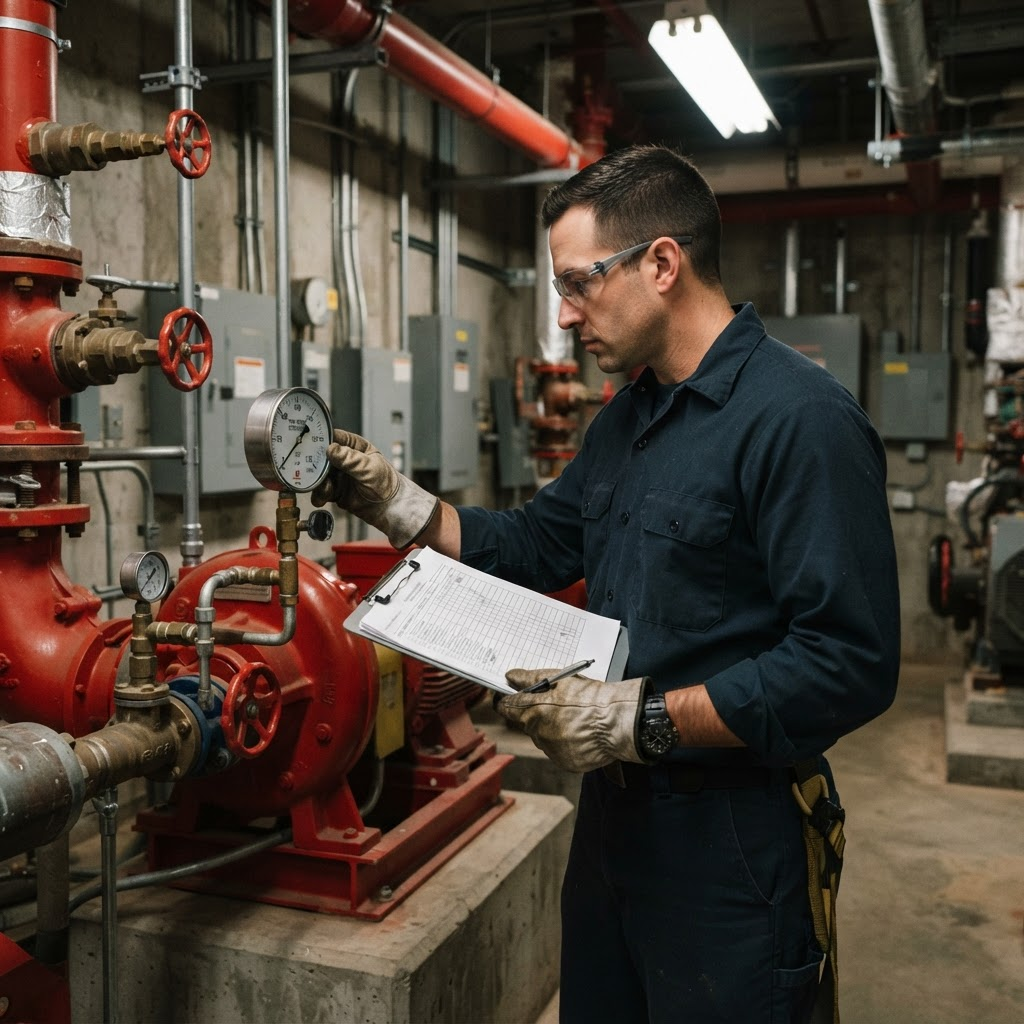 Ohio Fire Pump Co. technician inspecting a red fire pump